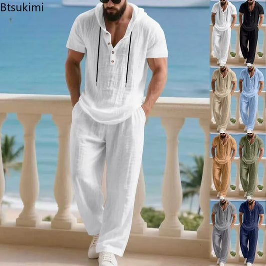 Men's Linen Hooded Sets 2 Piece Outfit Summer Casual Long Sleeve Hoodie and Wide Leg Pants Set Comfortable Breathable Garment