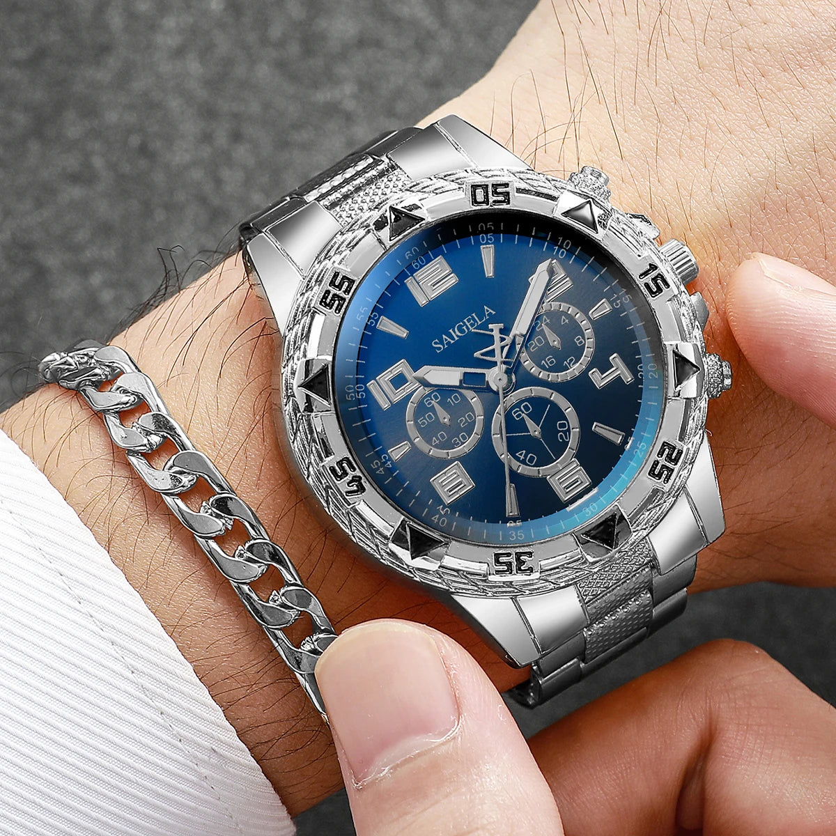 3PCS/Set Fashion Men's Quartz Watch Luxury Large Dial Men Business Watches Necklace Bracelet Set Reloj Hombre（Without Box）