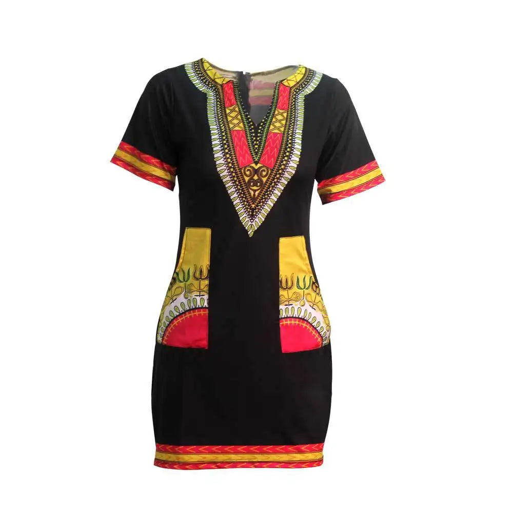 African Dresses for Women Summer 2022 Fashion Style African Women Short Sleeve V-neck Polyester Knee-length Dress