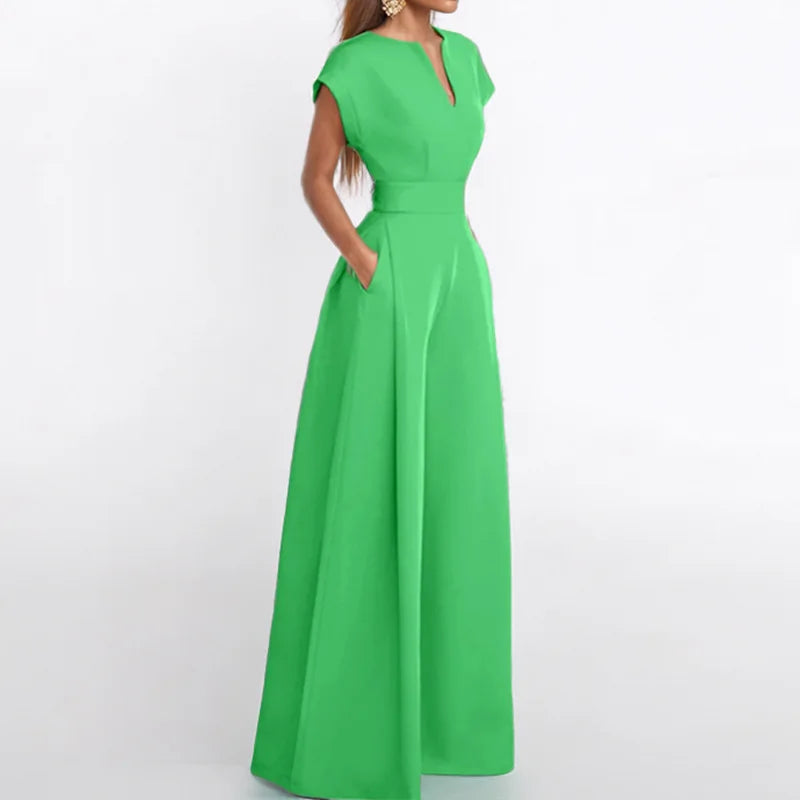 Elegant Solid Color V Neck Jumpsuit For Women High Waist Wide Leg Trousers With Pockets, Formal Office & Party Outfit