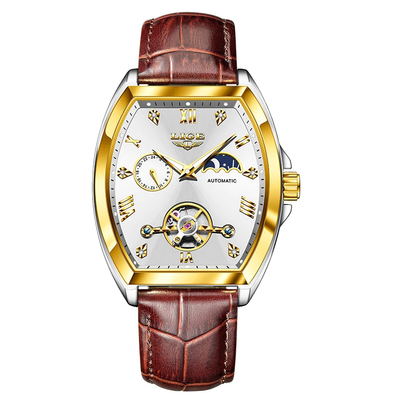 LIGE Luxury Mens Rectangular Dial Mechanical Watches Waterproof Leather Automatic Luminous Watch Business Men relogios masculino