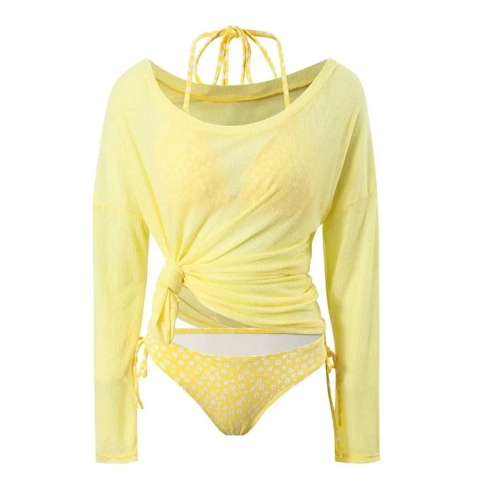 Lace-up Women's Swimwear Set Beachwear Sun Protection 4Pieces Bikini Swimsuit Loose Mesh Transparent Bathing Suit Resort Wear