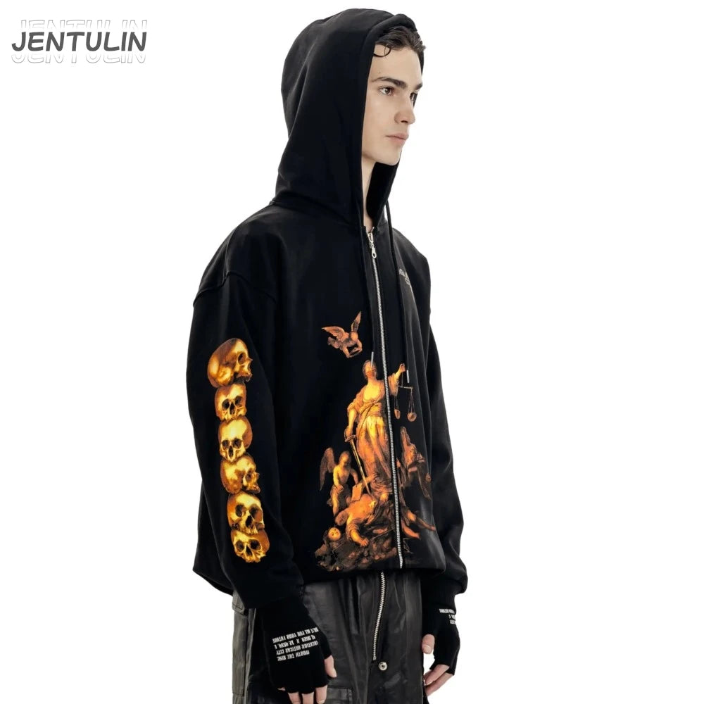 Streetwear Men Zipper Hoodie justice Graphic Print Zip Hooded Pullover Sweatshirt Hip Hop Jacket Y2K Coat Clothing Goth Top Punk