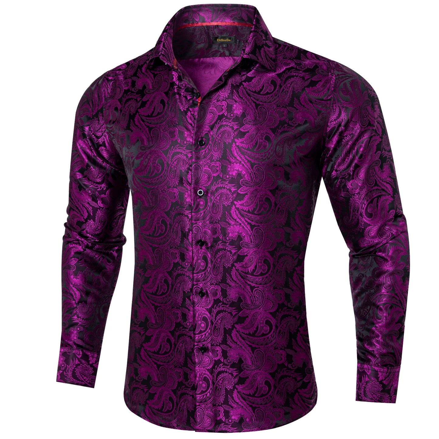 Luxury Purple Paisley Polyester Shirts for Men Long Sleeve Wedding Prom Men Clothing Button Down Collar Social Dress Shirt