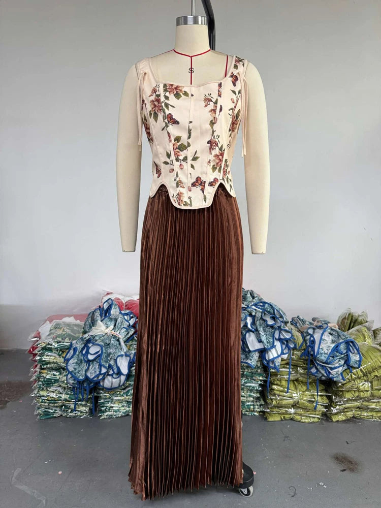 Women's Dresses Sets Floral Print Corset Top High Waist Pleated Long Maxi Skirts Suit 2025 Party Evening 2 Two Piece Set Outfit