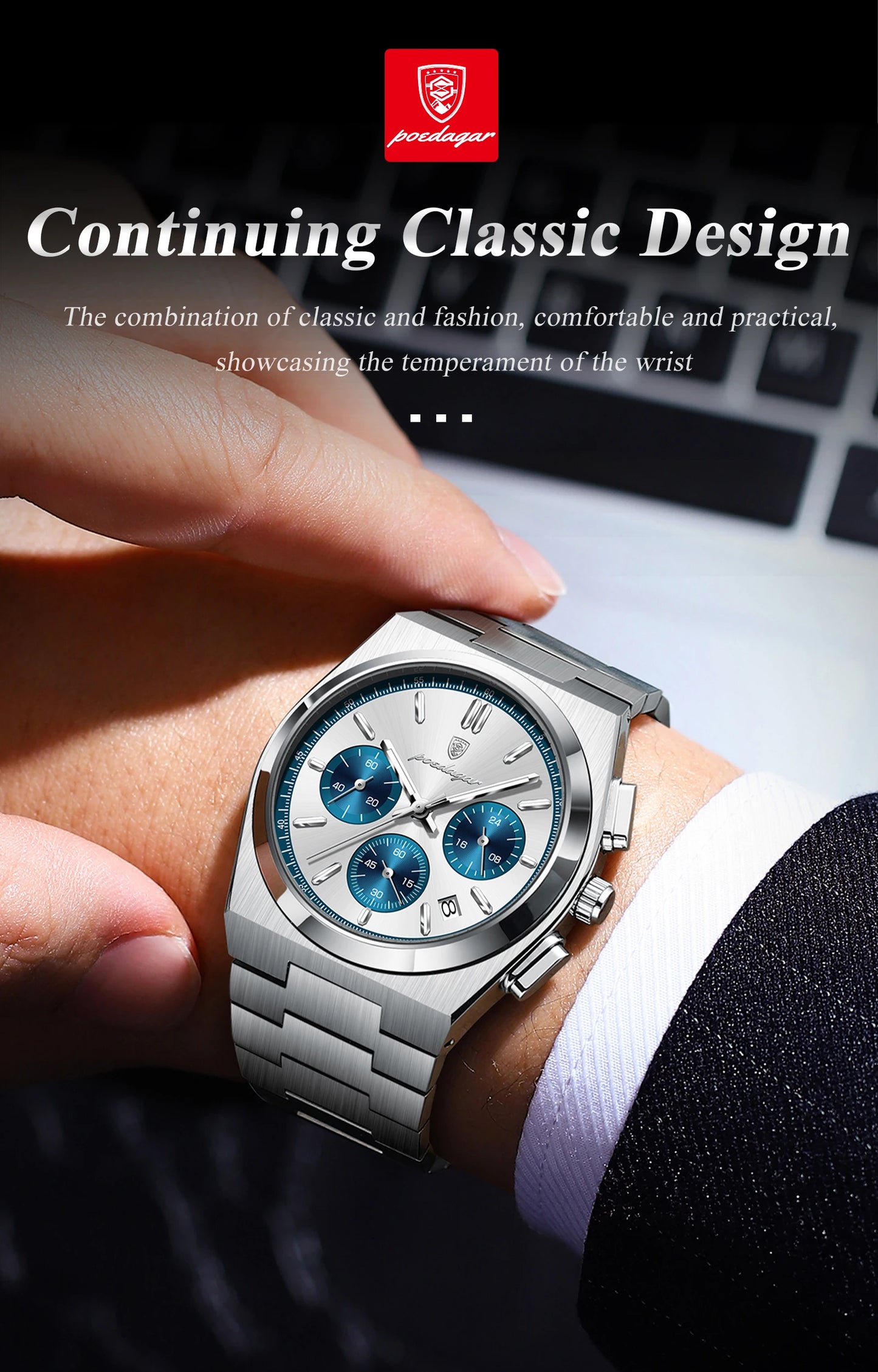 POEDAGAR Top Business Man Quartz Watch Waterproof Luminous Date Chronograph Stylish Watches For Men Stainless Steel Men's Watch