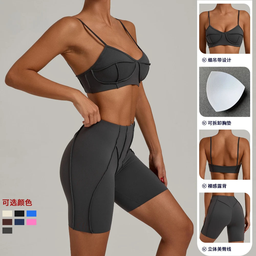 Yoga Fitness Sports Sets High Waist Hip-lifting Shorts Open Back Bra Suit Casual Running Workout Gym Leggings Sexy Set for Women