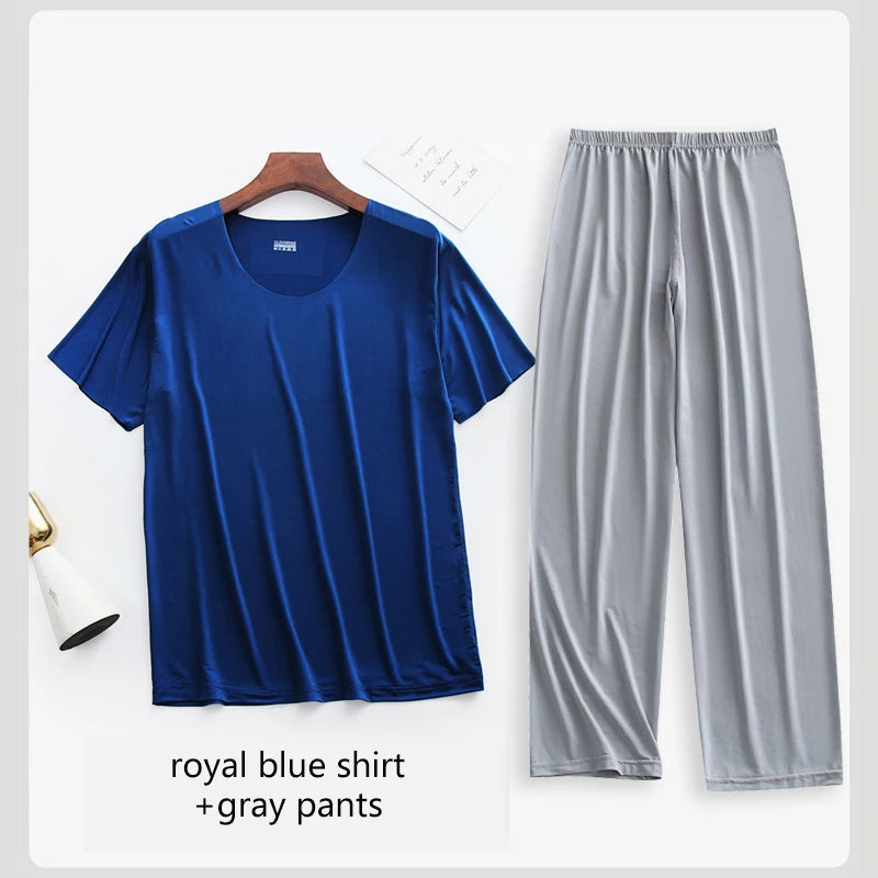 2Pcs/set Mens Ice Silk Short Sleeves T-Shirt & Long Pants Cool Thin Sleepwear Male Summer Pyjamas Home Clothing Nightwear Suit