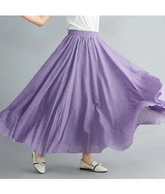 New 2020 Women Linen Cotton Long Elastic Waist Pleated Maxi Skirt Beach Vintage