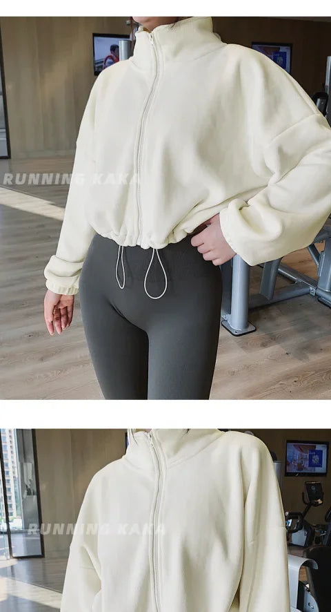 Women Loose Cropped Jacket Loose Zipper Sweatshirt Y2k Long Sleeve Coat Cardigan Sportswear Streetwear Drawstring Tops Clothing