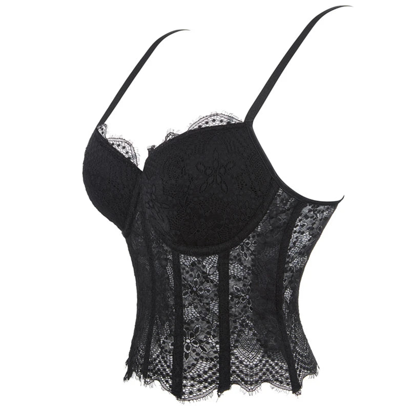 Women Corset Lace Fish Bone Bustier Vest Sexy Mesh Breathable Crop Top White Spaghetti Strap Lace Bra Burlesque Lingerie