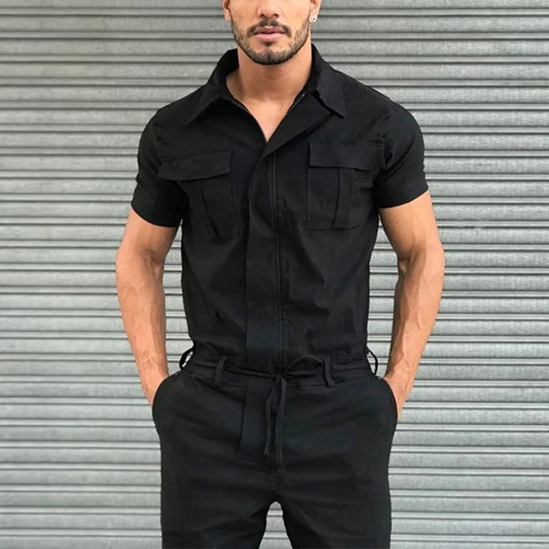 Multi-pocket Overalls Men's Jumpsuits Short Sleeves Trousers Suits Zippered Jumpsuits Men's Overalls Belted Jumpsuits