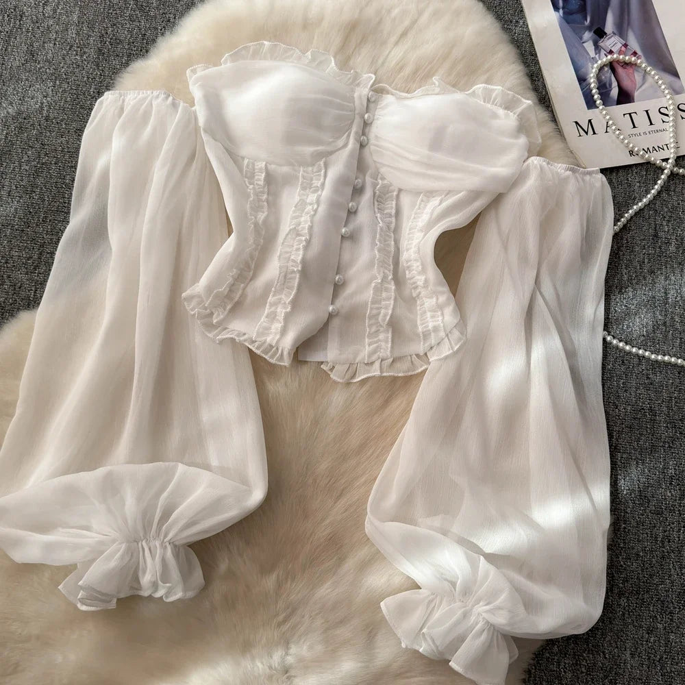 Chiffon Blouse for Women Slash Neck Off Shoulder Solid Color Camisas Ruffles Folds Backless Summer Blusas De Mujer Chic Dropship