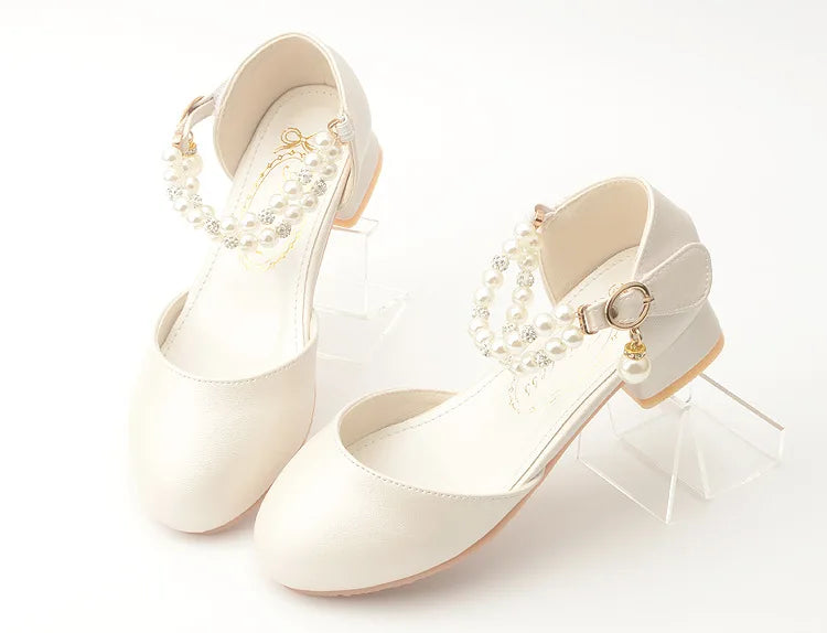 Pink Black White Party Wedding Shoes Children's High Heels Girl Shoe Elegan Pearl Princess Dress Girls Heel Shoes Child 2024 New