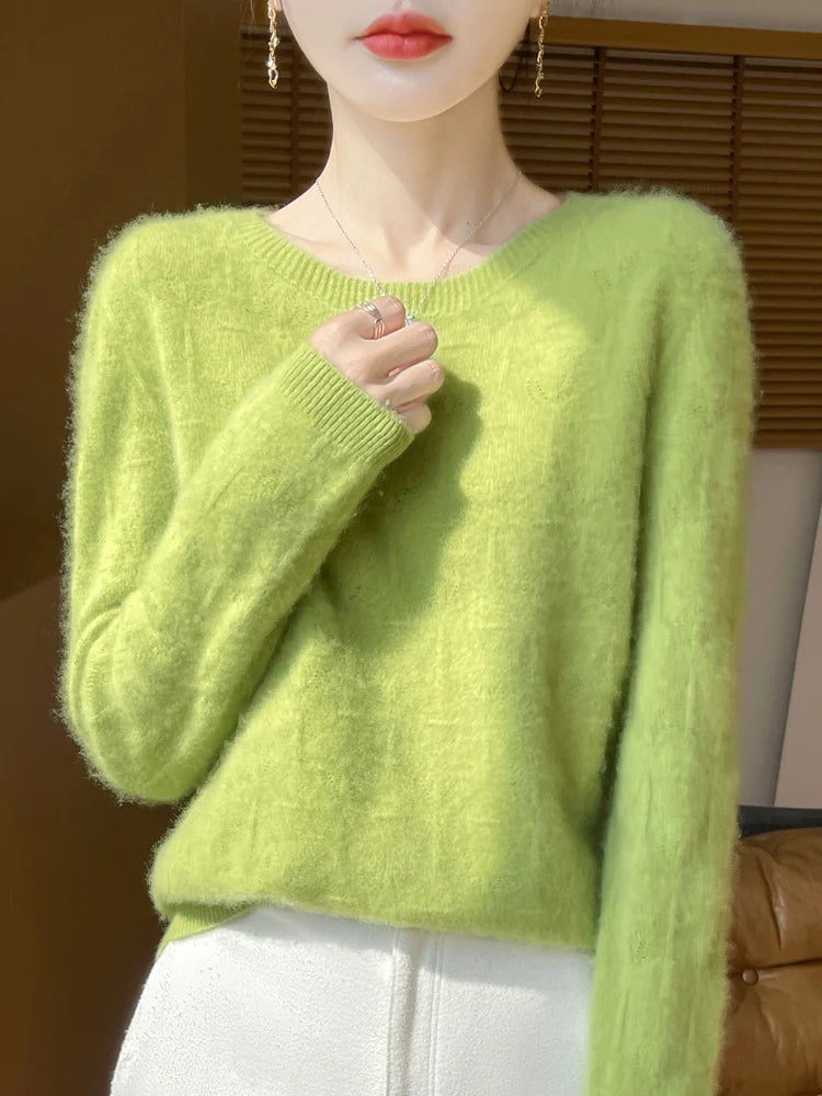 Women 100% Merino Wool Sweater Casual Hollow out Cashmere Blouse O-neck Pullover Tops Autumn Winter Warm Knit Woman Wool Sweater