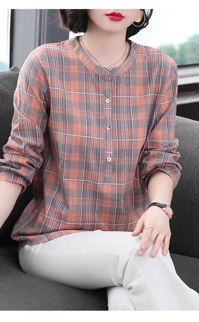 Fashion All-match Round Neck Plaid Shirt Women's Clothing Summer New Vintage Casual 3/4 Sleeve Button Spliced Pullovers Blouses