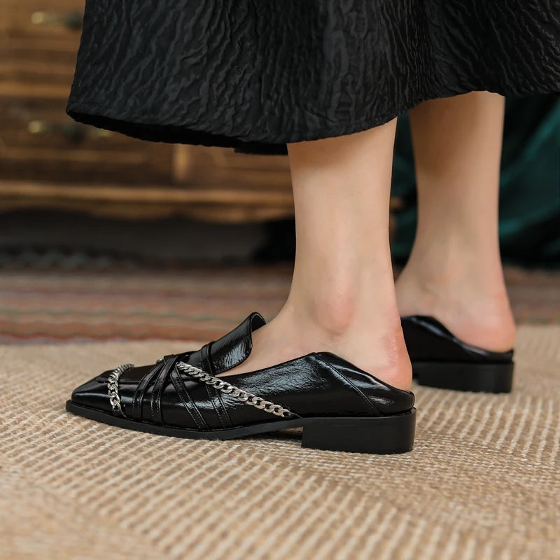 Dilalula 2025 Luxury Genuine Leather Loafers Womens Autum Spring Low Thick Heels Chain Pumps Female Leisure Natural Leather