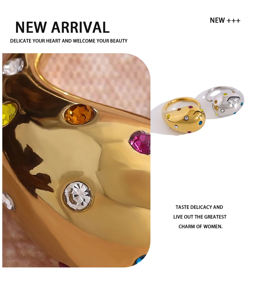 YACHAN 18K Gold Plated Glossy Chunky Stainless Steel Rings for Women Chic Colorful Crystal Statement Jewelry