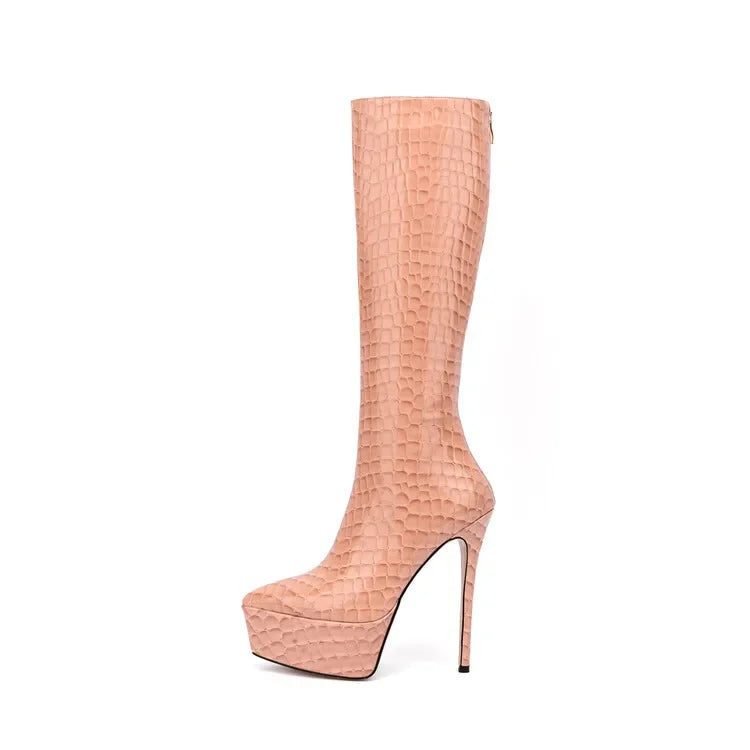 New Women Knee High Boots Patent Leather Pointed 15cm High Heels Winter Short Plush Waterproof Platform Girl Boots Large 34-45