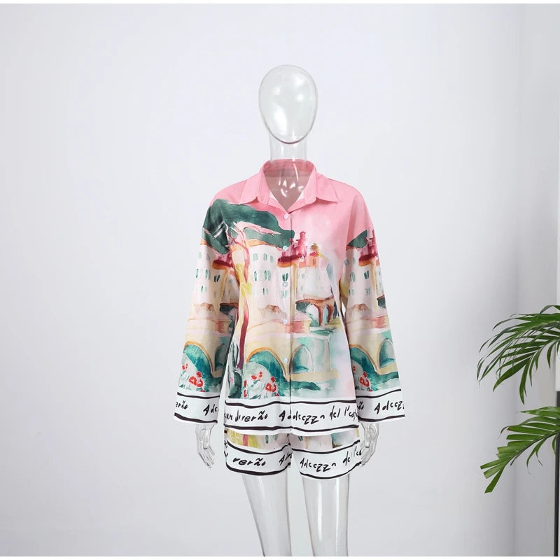 Floral Print Women Two Piece Set With Turn Down Collar Summer Casual Suit