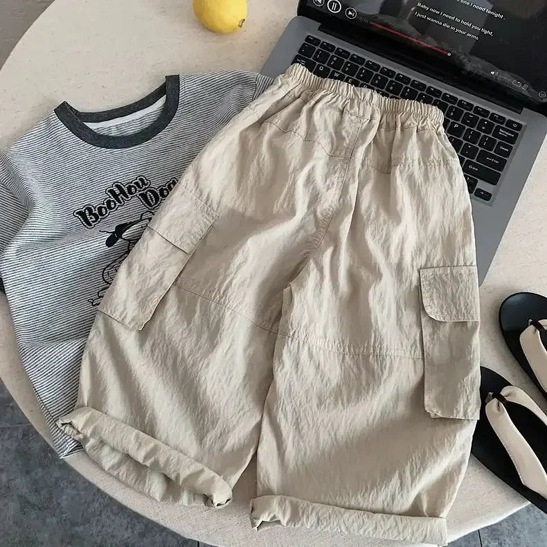 Kids Casual Cargo Shorts Loose Fit Solid Color Multi-Pocket Trousers
