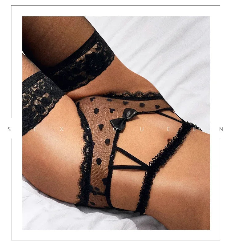 High Waist Amazing Mesh Panties Lace Sexy Underwear Women Transparent Hollow Out Lingerie Bow G Strings Intimates