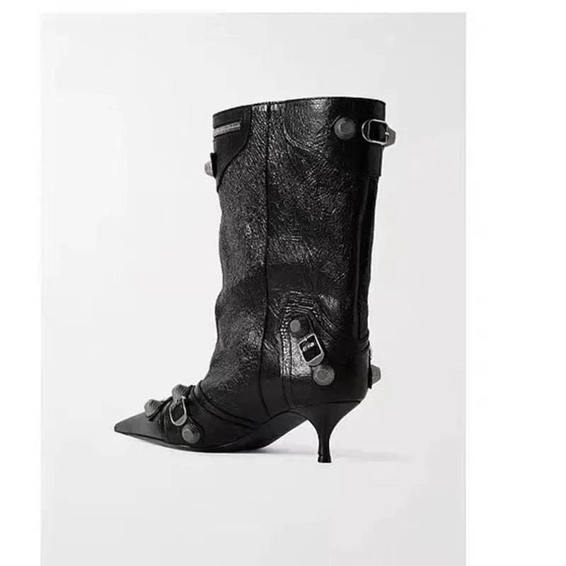 Women's Sexy Stiletto High Heels with Rivet Decoration, Wide Barrel Knee Length Boots, European and American Fashion Show Boots