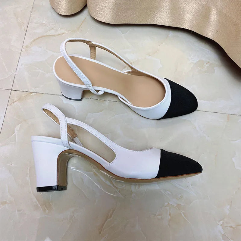 2023Spring Autumn Fashion High Heels Sandals Women's Dress Square Toe Slingback Shoes Women's Color Block Back With Flat Sandals