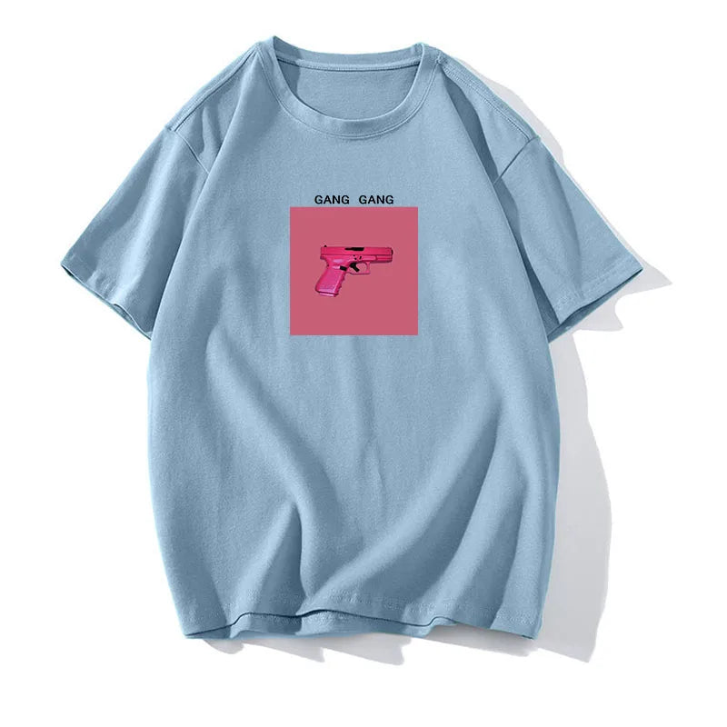 Hirsionsan 100% Cotton Pink Print T Shirt Women 2024 Summer New Basic Vintage Tee Casual Loose Chic O Neck Female Couple Tops