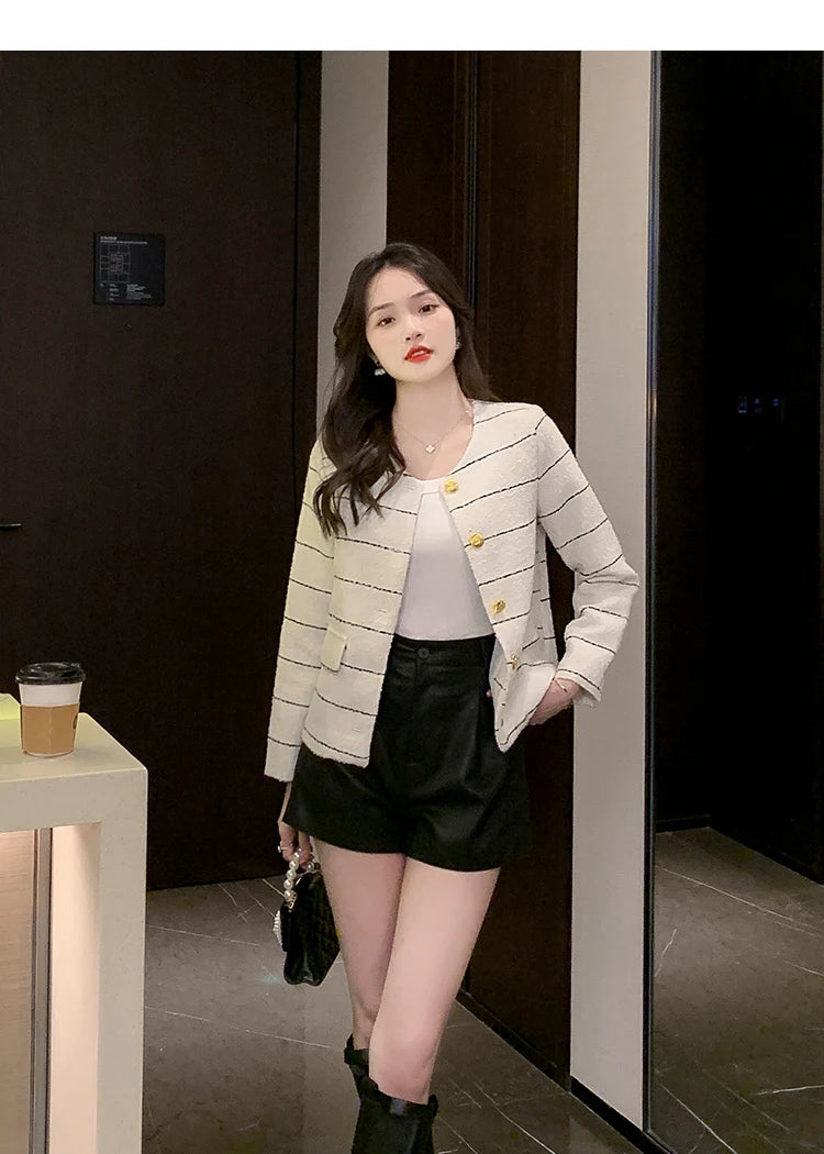 Korean Fashion Casual Small Fragrance Tweed Jacket Coat Women Fall Winter Fried Street Striped Coat Casaco Woolen Outwear Top