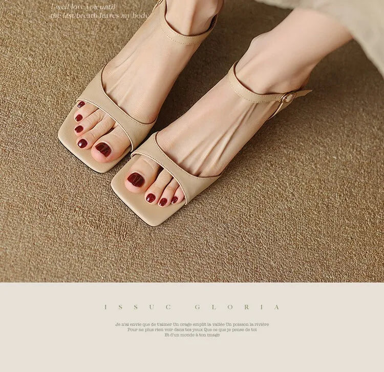 2025 Summer Sandals Women Shoes Open-Toe Thin Heel Women Sandals Split Leather Square Toe Shoes for Women High Heels Handmade