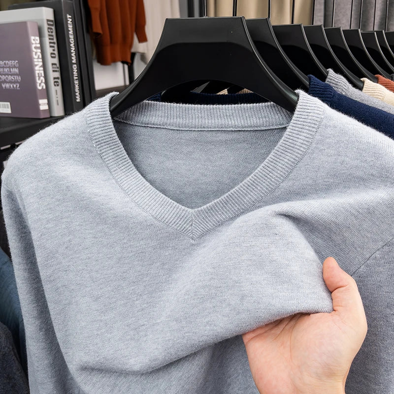 2026 Men's V-Neck Basic Solid Color Sweatshirt Warm Autumn Knitted Oversize Pullover Elastic round Neck Sweater for Casual Wear BAZAARHUBO