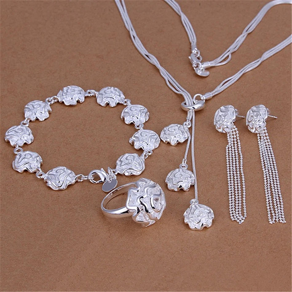 New romantic Rose flower 925 Sterling Silver rings Bracelets necklaces stud earrings Jewelry set for women Fashion Party gifts