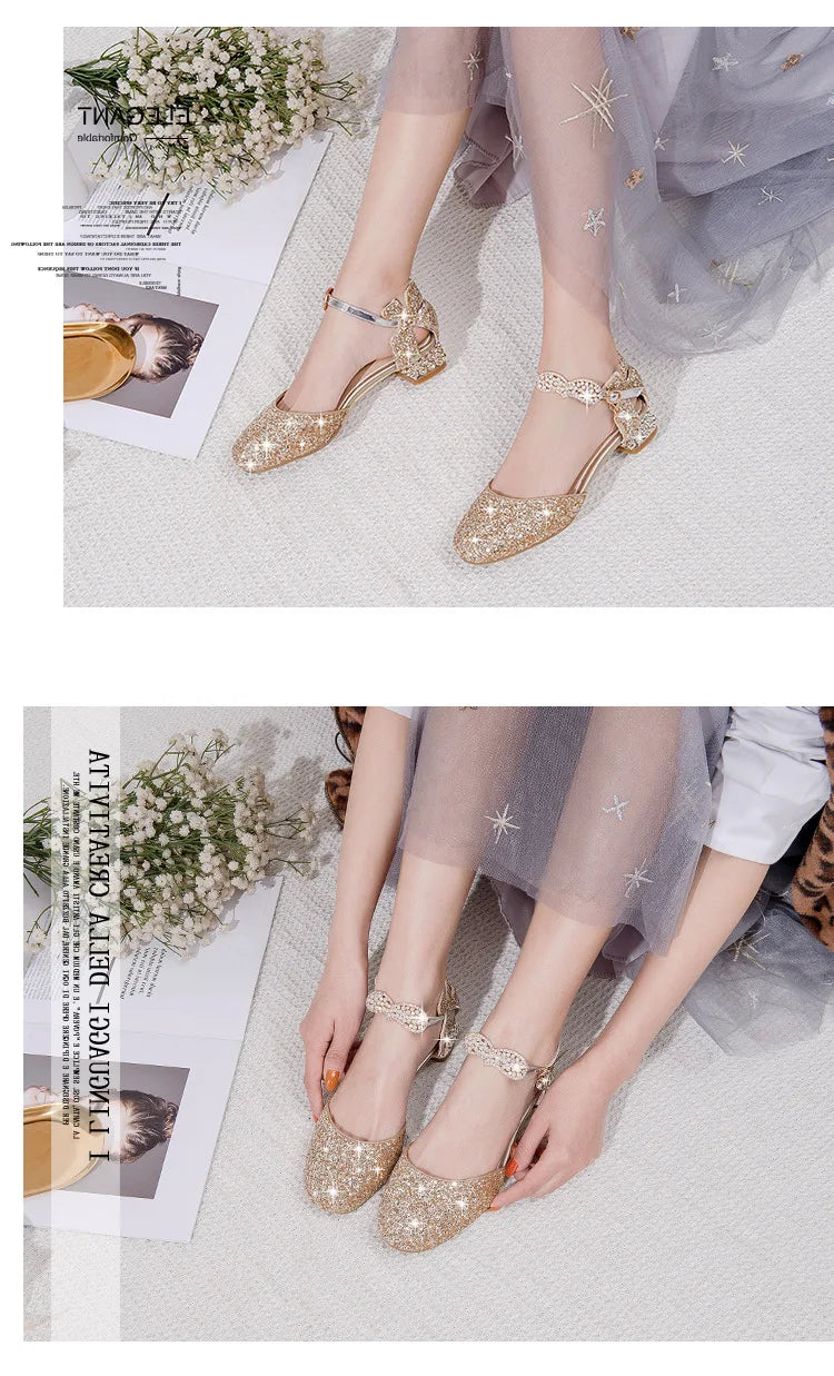 Princess Kids Leather Shoes Girls Sandal Sweet Pearl Casual Glitter Children High Heels Girls Party Dance Shoes Pink Gold Silver