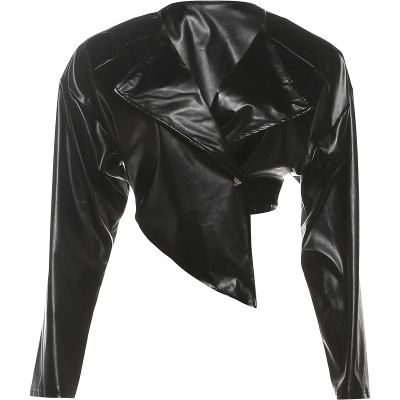 Weird Puss Faux Leather Crop Jacket Women Cross Neck Hipster Single Button Irregular Fall Trend Wild Basic Sexy Streetwear Coat
