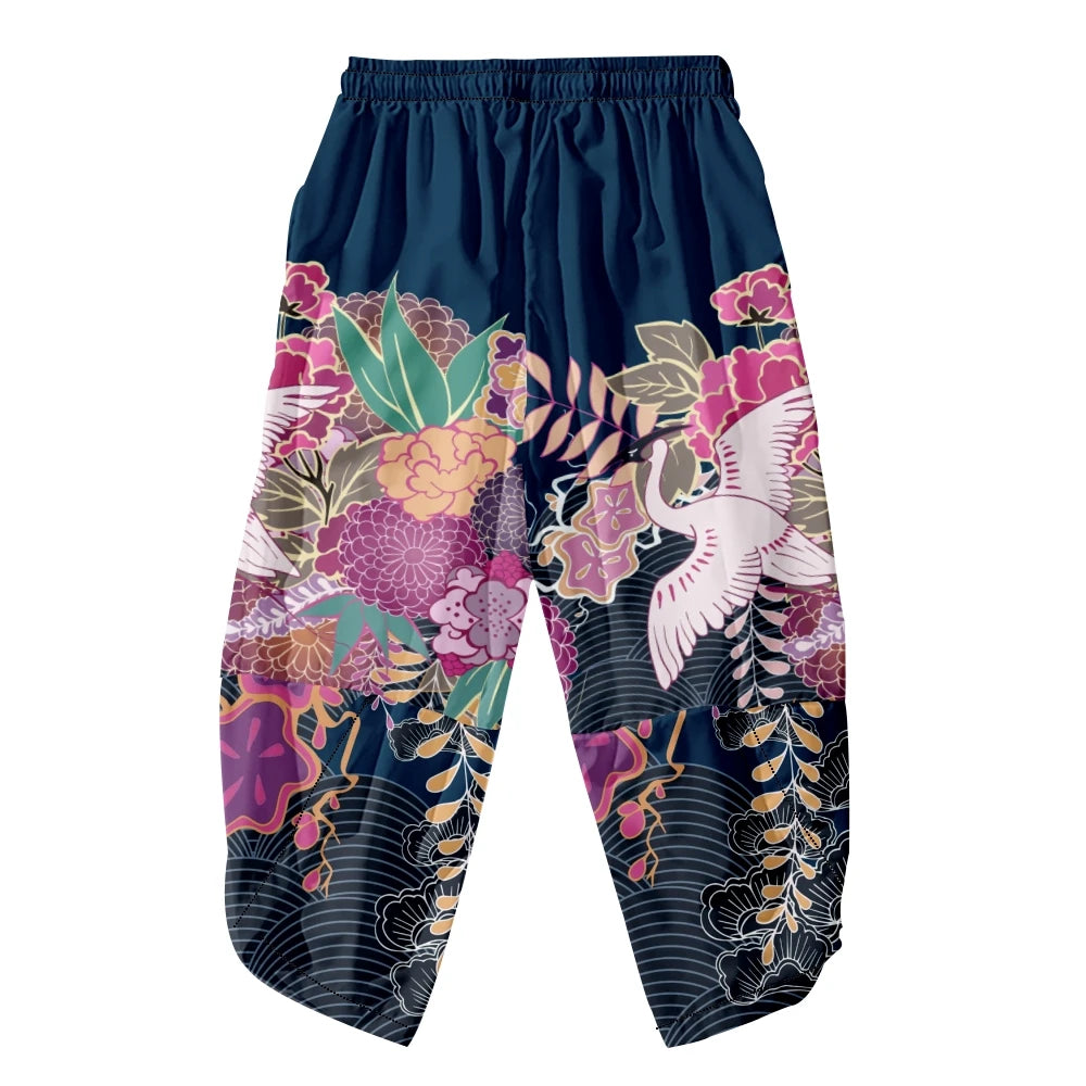 Men Yukata Style Harajuku Cardigan Traditional Japanese Great Wave of Kanagawa Crane Printed Trousers Asian Costume Kimono Pants