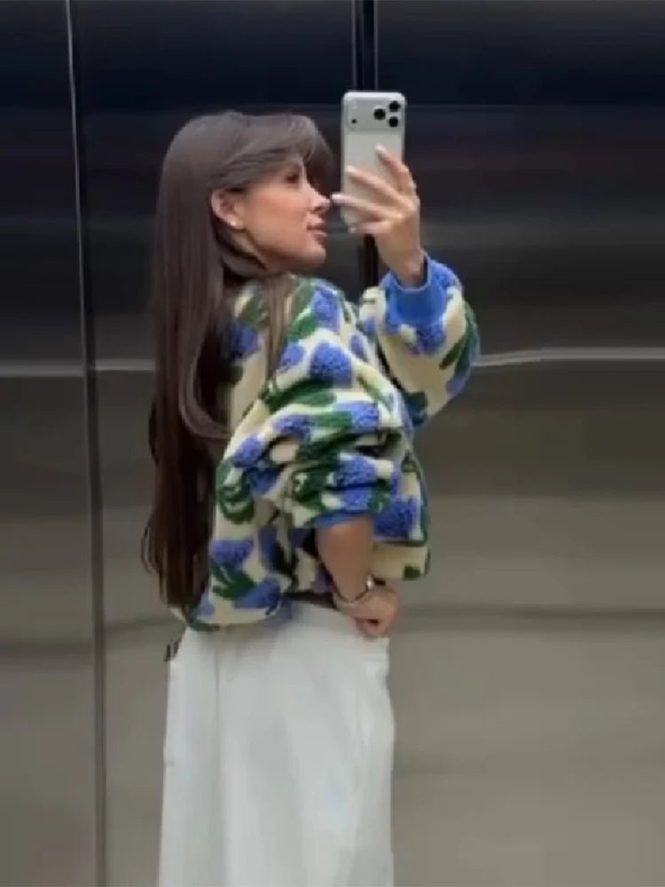 Cute Dreamy Flower Plush Bomber Jackets Chic Oversized Long Sleeves Zip Up Fleece Coat 2026 Casual High Street Women's Clothes BAZAARHUBO