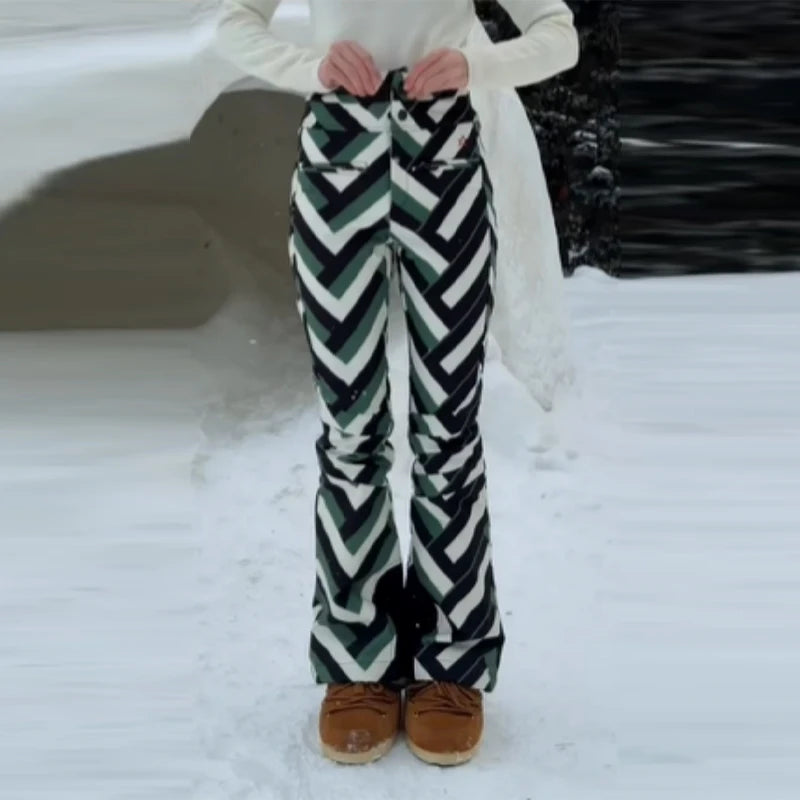 Bold Black And White Striped Green Ski Suit Long Sleeved Hooded Zipper Thick Jackets Warm Pant 2026 New Woman Outdoor Sportswear