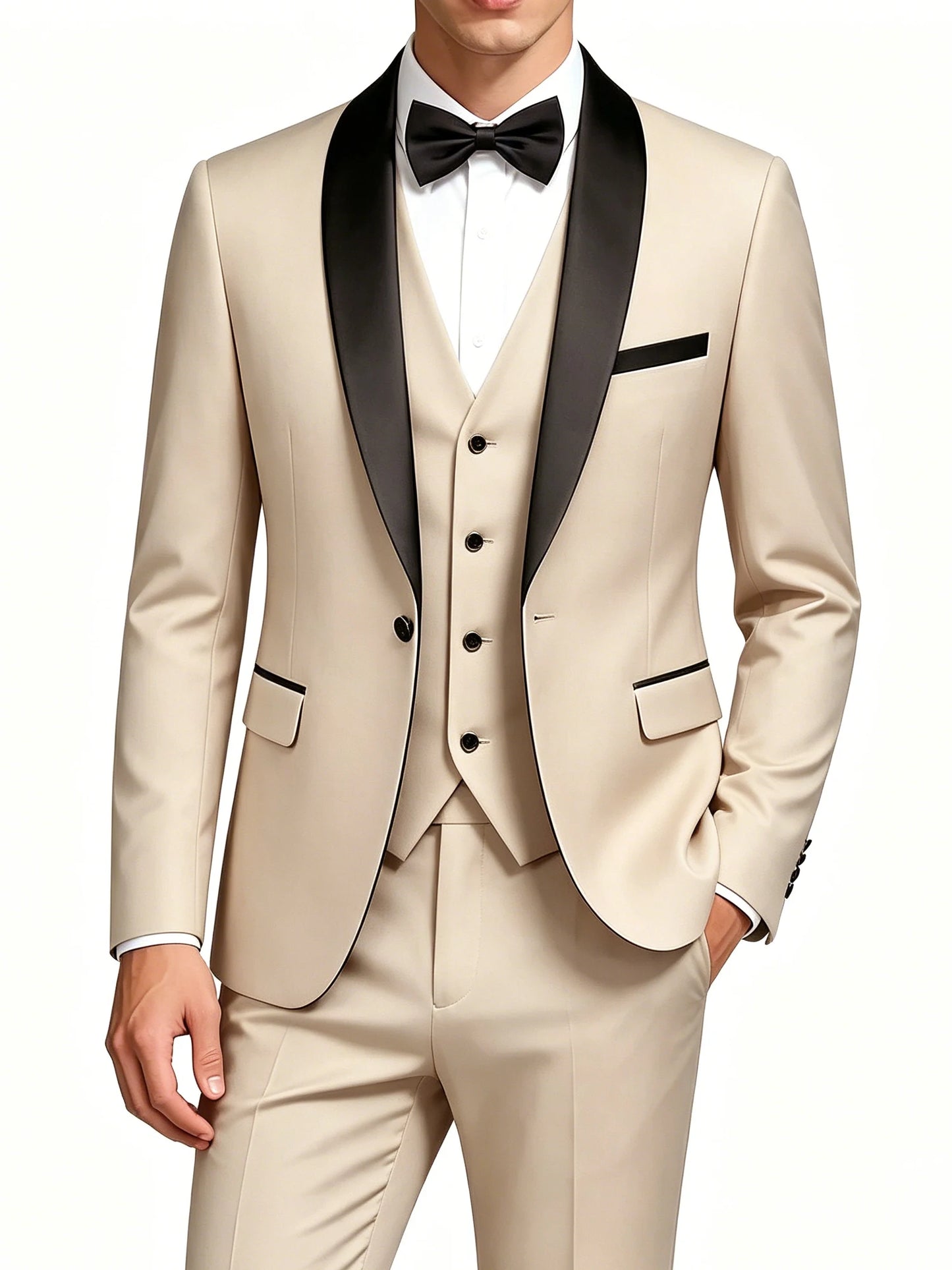 ( Jacket + Vest + Pants ) Men's 3 Piece Tuxedo Suit Set, Beige Blazer with Black Shawl Lapel for Wedding, Groom, Formal Party