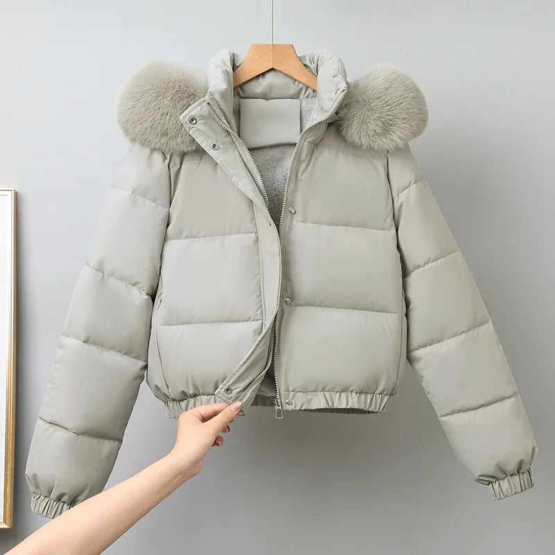 Short Coats Women Parkas Hooded Fur Collar Jackets Thick Warm Y2k Streetwear Elegant Jacket Work Coat Autumn Winter 2025