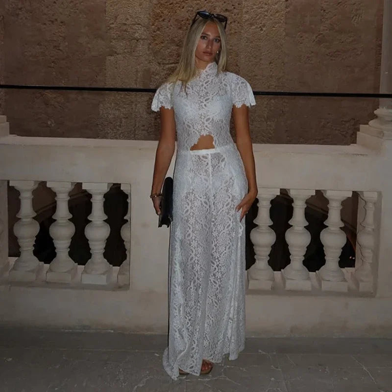 See Through Lace Vest Pant Set Women Beach Sling  Tops Pleated Straight Pants 2026 Summer Vacation Hollow Out Lady Suits