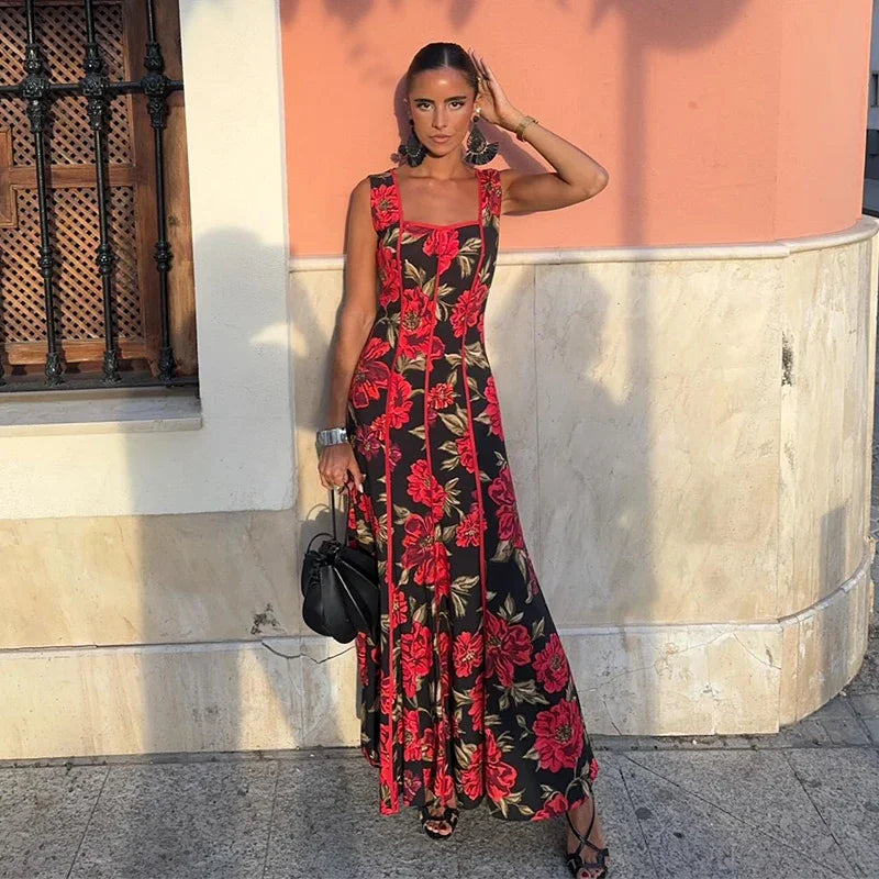 Sexy Printed Flower Long Women's Dress Sleeveless Waist-Closed Slash Neck Lady Dresses Summer Sling Vacation Holiday Robe