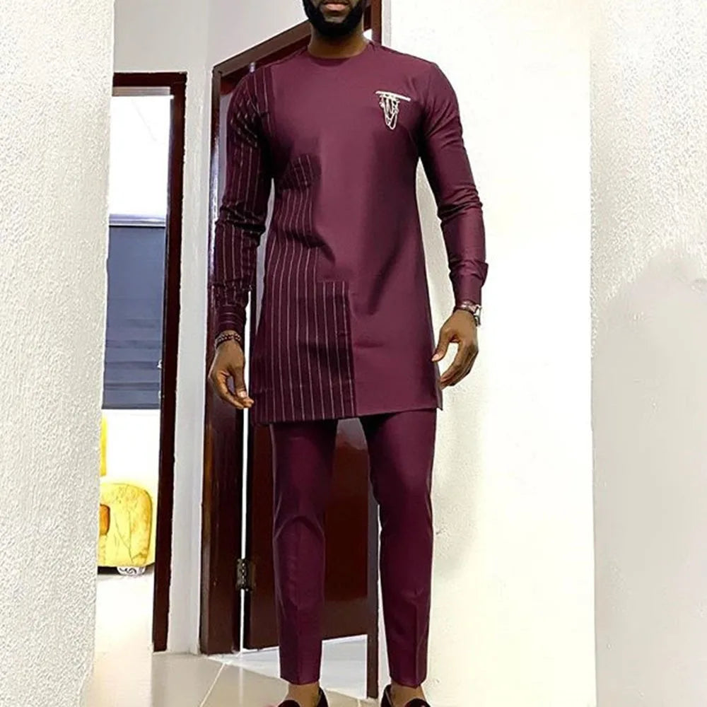 African Traditional Man Outfit Men 2PCS Suits Long-sleeved Round Neck Male Sets Shirt Top Pant Ethnic Style Casual Wear clothing
