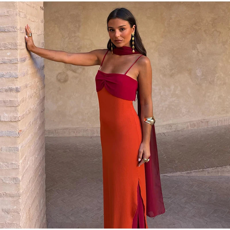 Sexy Women's Sequined Flower Long Orange Sling Dress Deep V Neck Sleeveless Backless Dresses 2026 Summer Holiday Party Robes New