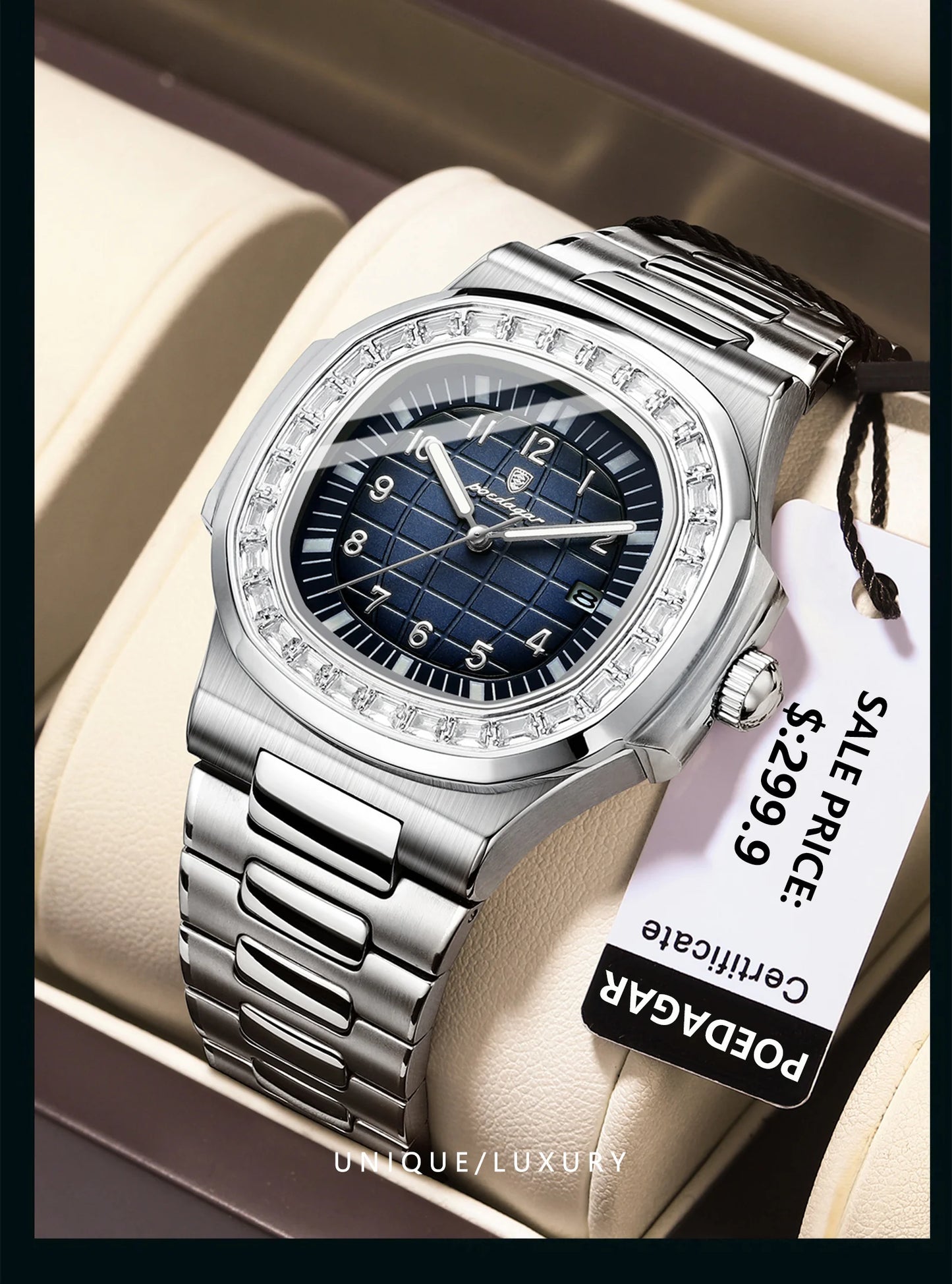 POEDAGAR Luxury Square Man Watches Waterproof Luminous Date Men Wristwatch Casual Male Clock Stainless Steel Men's Quartz Watch