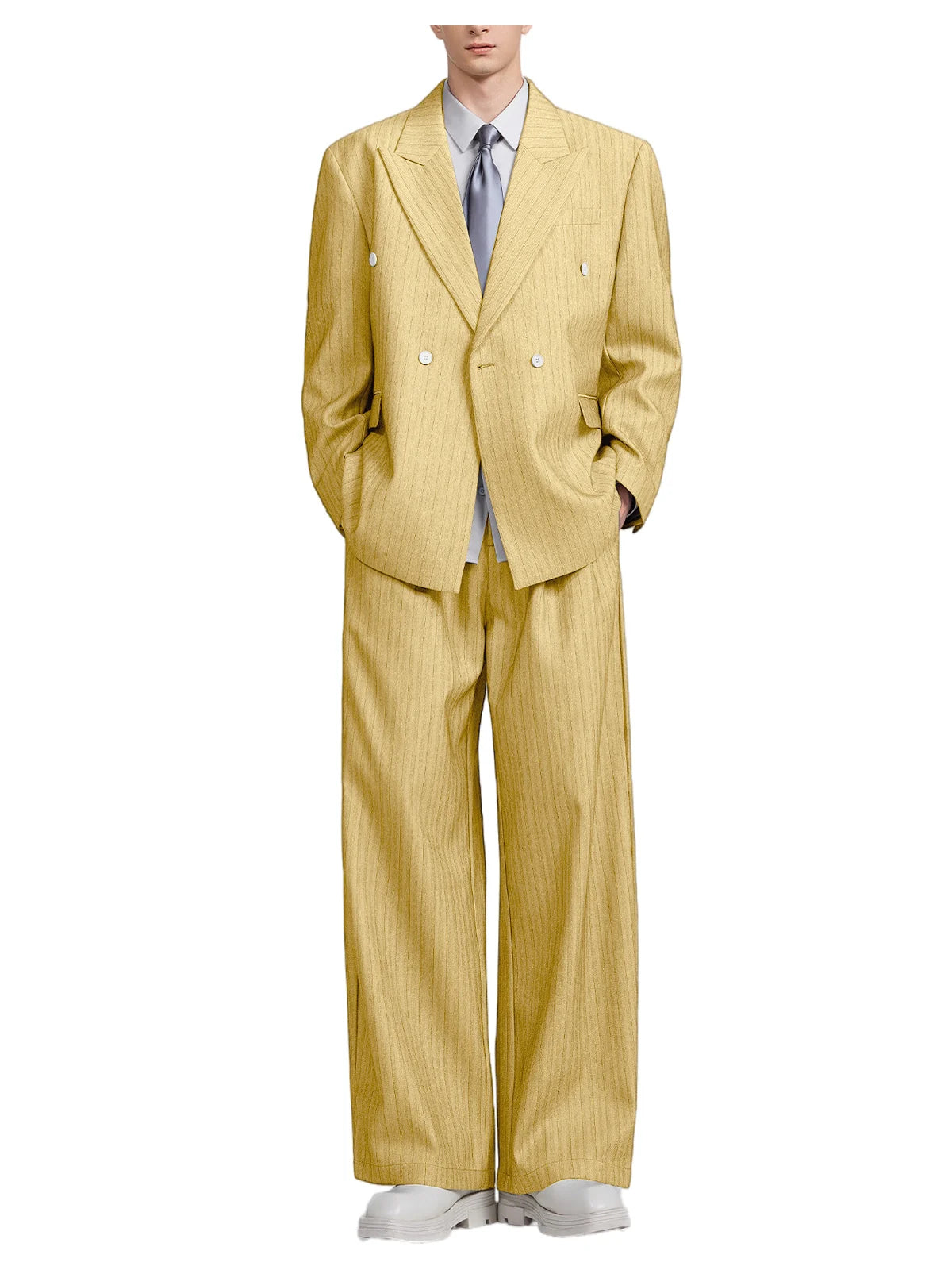 Men's Pinstripe 2-Piece Suit Notch Lapel Jacket Loose Fit Double Breasted Blazer Wide Leg Trousers for Formal Business Casual