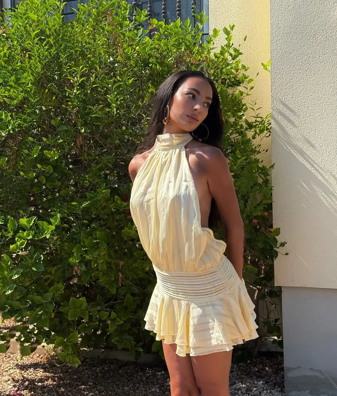 Stunning Shiny Ruffles Lace Up Mini Dress Women's Chic Loose Hollow Out A-line Pleated Vestidos 2026 New Lady Summer Party Gowns