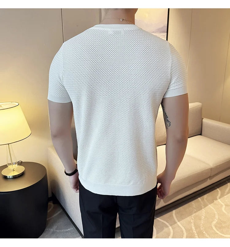 Summer Breathable T-Shirts For Men Korean Luxury Clothing O-Neck Short Sleeve Knitted Men's T Shirt Fashion Hollow Tops&Tees 3XL