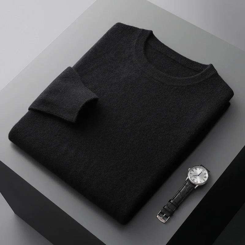 100% Merino Wool Sweater Men's O Neck Pullover Tops One-piece ready-to-wear Autumn Winter Solid Color Sweater Versatile Basic