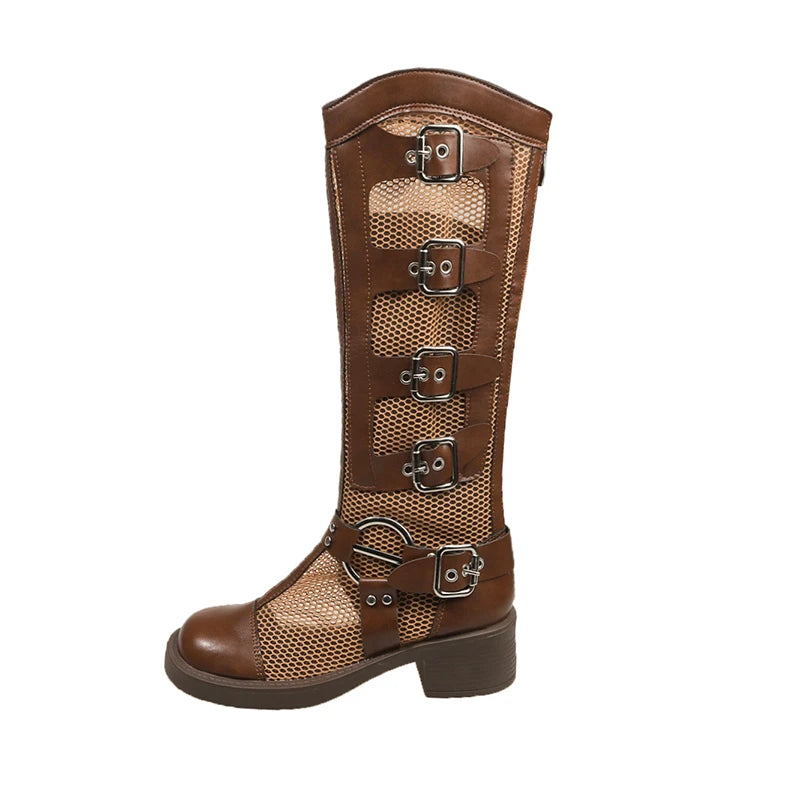 Women's Fashion Cool Boots Summer New Round Head Patchwork Mesh Rivets Metal Buckle Back Zipper Soft Soled Mid-heel Shoes